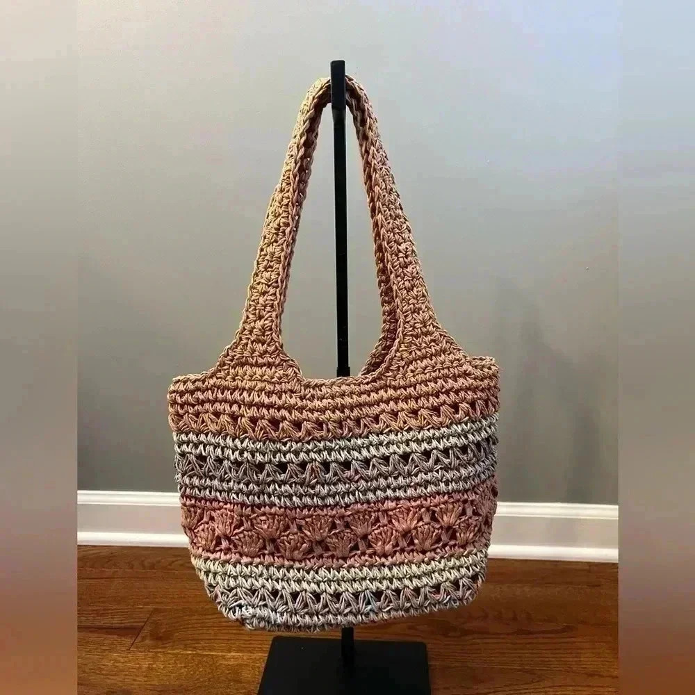 Orvis Woven STRAW PURSE Lined Striped Boho Beach Tote Bag